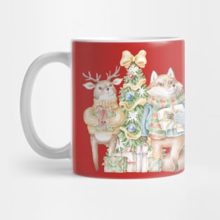 cute fox and deer with presents in front of christmas tree Mug